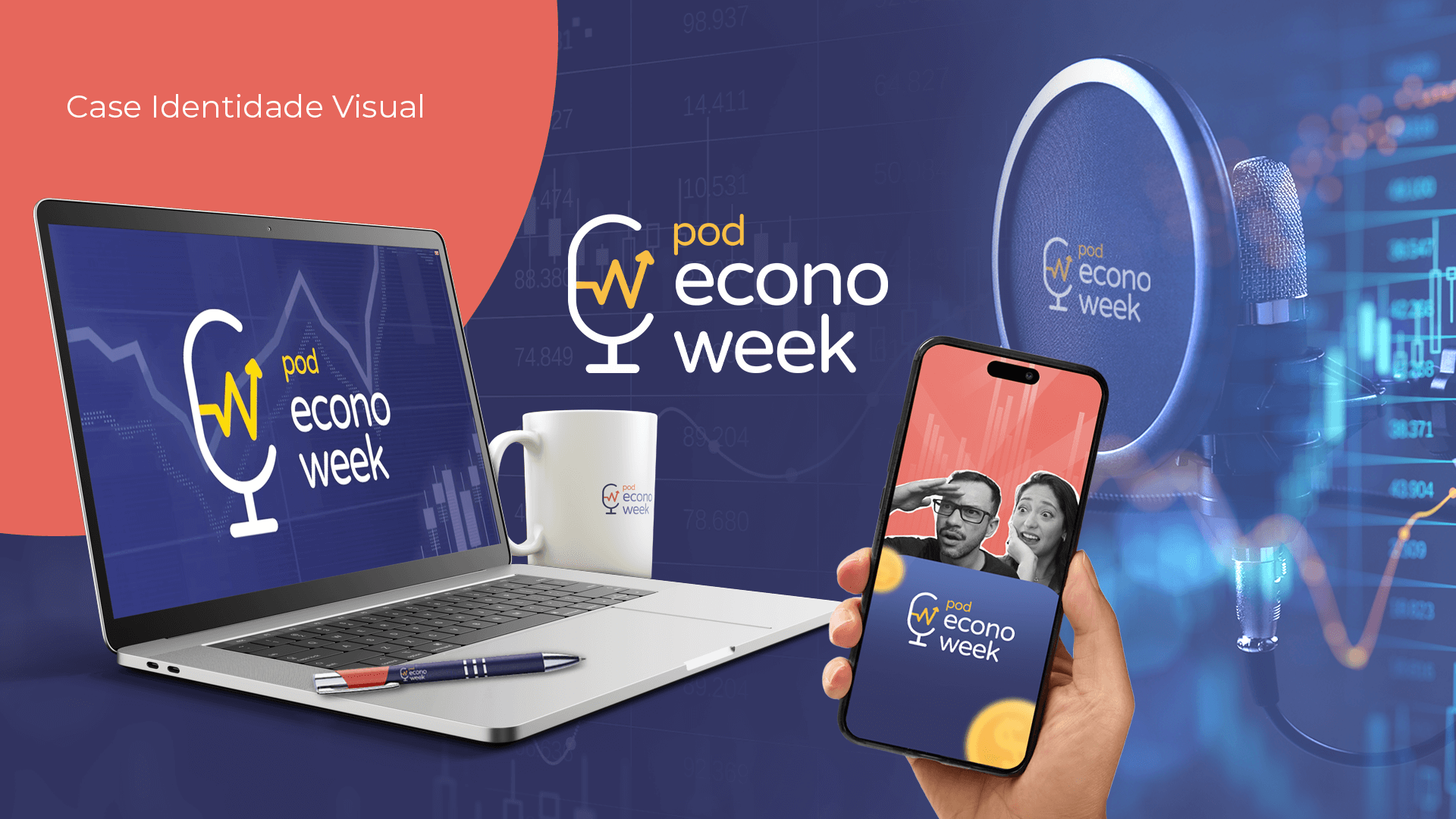 Identidade visual do Pod Econoweek aplicada em notebook, caneca e celular