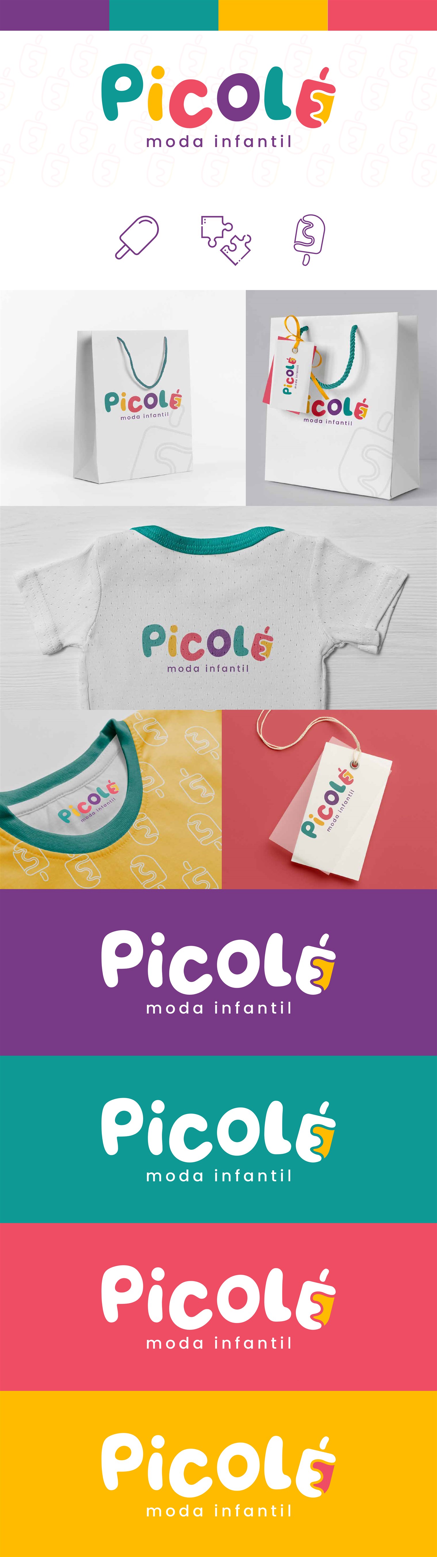 Identidade visual da Picolé: logotipo colorido, ícones, sacolas, body, camiseta com estampa, etiqueta e versões da marca sobre roxo, verde, coral e amarelo